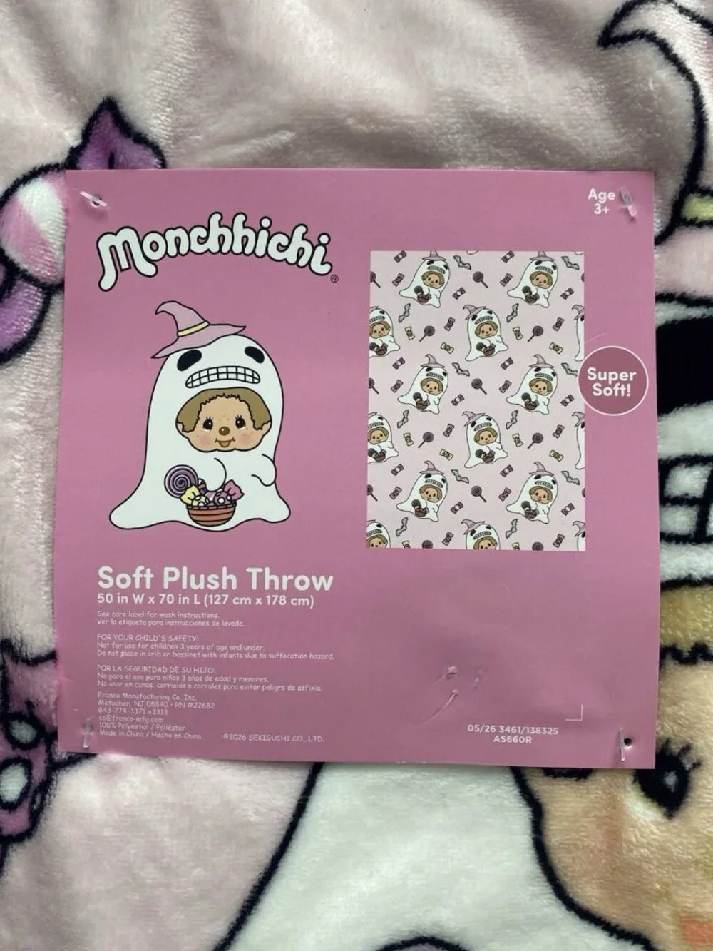 Halloween Candy Ghost Monchhichi Pink Soft Plush Throw Blanket 50” X 70” NEW